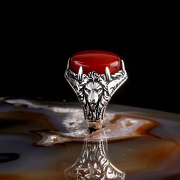 KIRMIZI AKİK TAŞLI ASLAN MODEL 925 AYAR GÜMÜŞ ERKEK YÜZÜK
