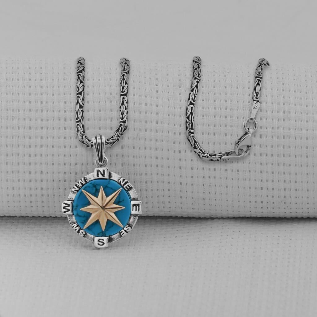 Turkuaz Taşlı Pusula 925 Ayar Erkek Gümüş Kolye