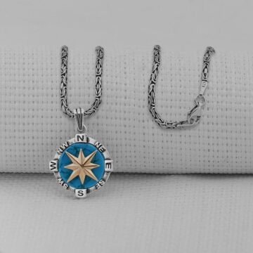 Turkuaz Taşlı Pusula 925 Ayar Erkek Gümüş Kolye