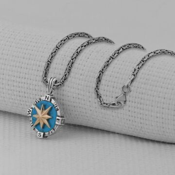 Turkuaz Taşlı Pusula 925 Ayar Erkek Gümüş Kolye