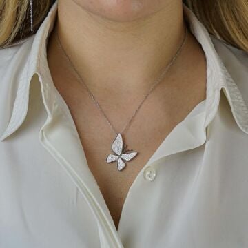 Kelebek Tasarımlı Beyaz Zirkon Taşlı Parlak 925 Ayar Gümüş Kadın Kolye