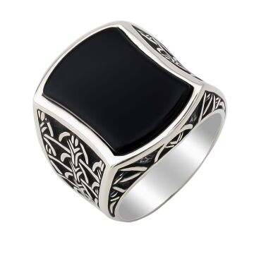 Siyah Oniks Taşlı Çizgi Motifli 925 Ayar Gümüş Erkek Yüzük
