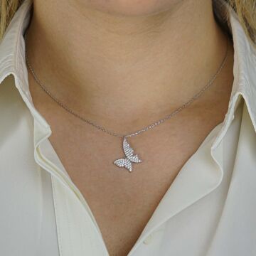 Kelebek Figürlü Beyaz Zirkon Taşlı 925 Ayar Gümüş Kadın Kolye