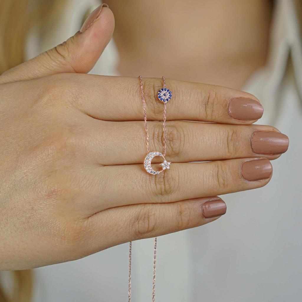 Minimal Ay Yıldız Nazar Tasarımlı 925 Ayar Gümüş Kadın Kolye Rose