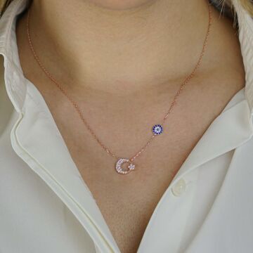 Minimal Ay Yıldız Nazar Tasarımlı 925 Ayar Gümüş Kadın Kolye Rose