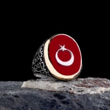 925 Ayar Gümüş Kırmızı Mineli Ayyıldız Model Erkek Yüzük