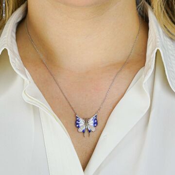 Kelebek Tasarımlı Nazar Boncuğu Detaylı 925 Ayar Gümüş Kadın Kolye