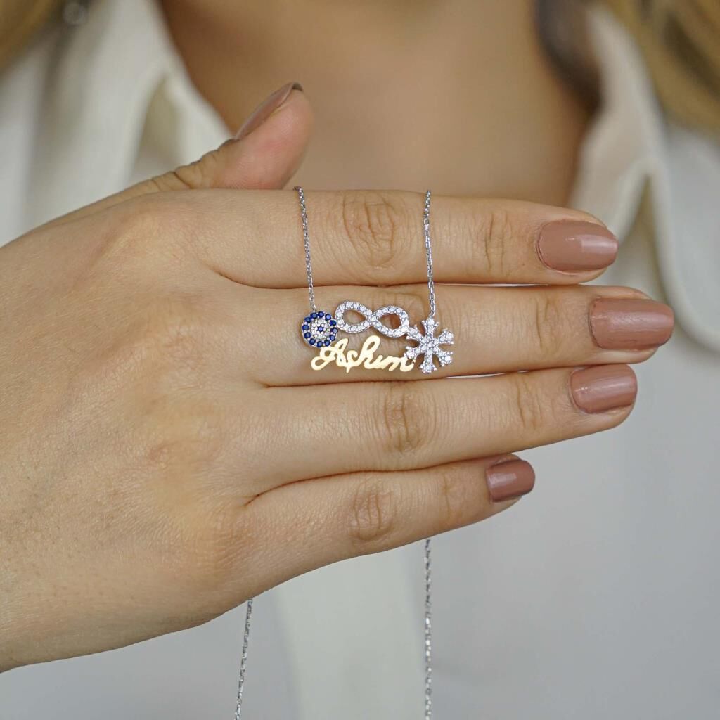 925 Ayar Gümüş Aşkım Yazılı Sonsuzluk Nazar Kar Tanesi Kolye