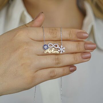 925 Ayar Gümüş Aşkım Yazılı Sonsuzluk Nazar Kar Tanesi Kolye