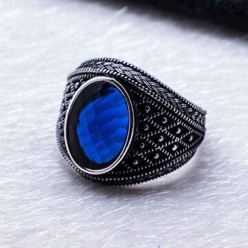 925 Ayar Gümüş Mavi Zirkon Taşlı Erkek  Yüzük