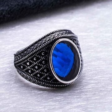 925 Ayar Gümüş Mavi Zirkon Taşlı Erkek  Yüzük