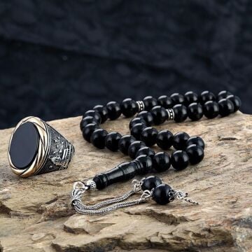 Gümüş Oniks Taşlı Yüzük ve Oltu Taşı Tesbih Kombini