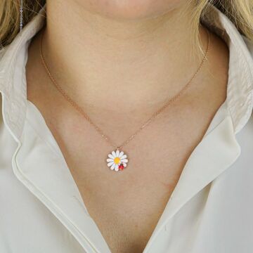 Papatya Tasarımlı Uğur Böceği Motifli 925 Ayar Gümüş Kadın Kolye