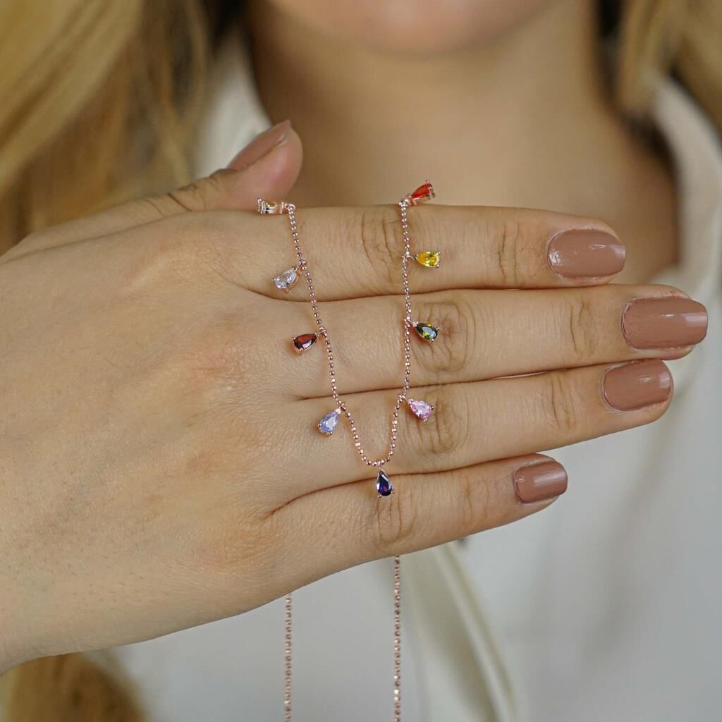 Renkli Zirkon Taşlı 925 Ayar Gümüş Kadın Kolye