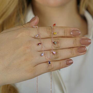 Renkli Zirkon Taşlı 925 Ayar Gümüş Kadın Kolye