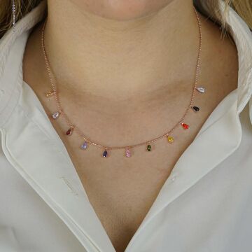 Renkli Zirkon Taşlı 925 Ayar Gümüş Kadın Kolye