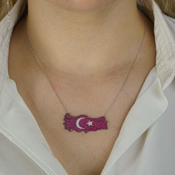 Şanlı Ay Yıldız Tasarımlı Türkiye Haritalı 925 Ayar Gümüş Kadın Kolye