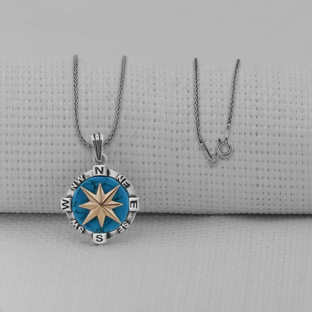 Turkuaz Taşlı Pusula 925 Ayar Erkek Gümüş Kolye