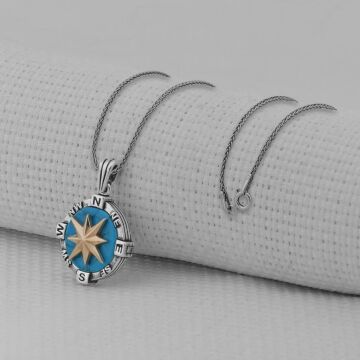 Turkuaz Taşlı Pusula 925 Ayar Erkek Gümüş Kolye