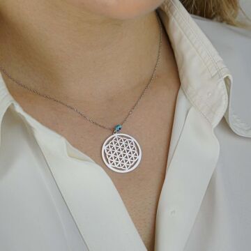 Yaşam Çiçeği Nazar Tasarımlı 925 Ayar Gümüş Kolye