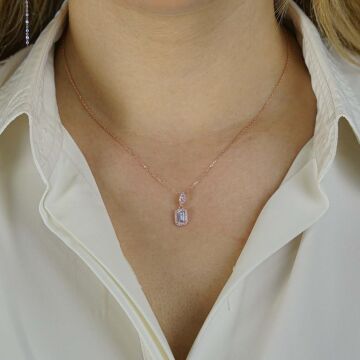 Baget Taşlı 925 Ayar Gümüş Kadın Kolye Rose