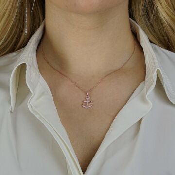 Çapa Tasarımlı Beyaz Zirkon Taşlı 925 Ayar Gümüş Kadın Kolye Rose