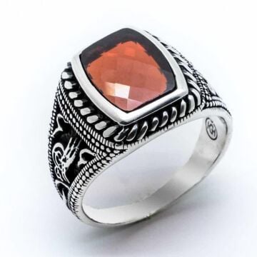 925 Ayar Gümüş Kırmızı Zirkon Taşlı Tuğralı Yüzük