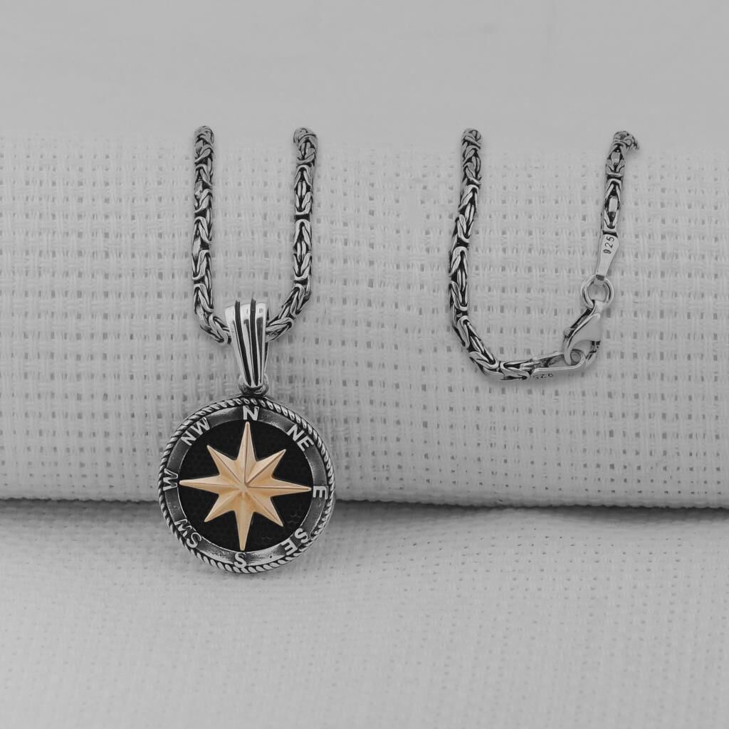 Pusula 925 Ayar Erkek Gümüş Kolye