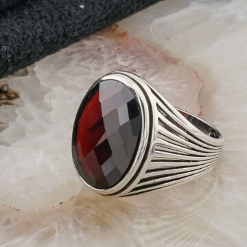 Kırmızı Zirkon Taşlı Erkek Gümüş Yüzük