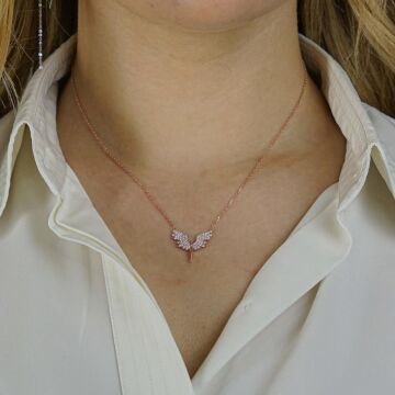 Melek Tasarımlı Beyaz Zirkon Taşlı 925 Ayar Gümüş Kadın Kolye Rose