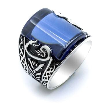 925 Ayar Gümüş Mavi Zirkon Taşlı Vav Erkek  Yüzük