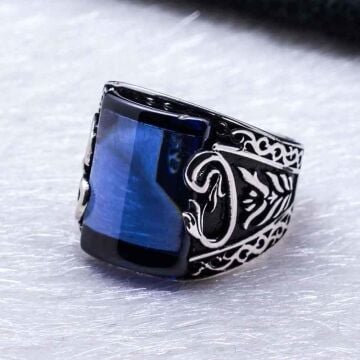 925 Ayar Gümüş Mavi Zirkon Taşlı Vav Erkek  Yüzük