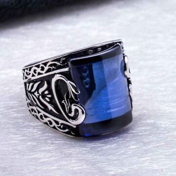 925 Ayar Gümüş Mavi Zirkon Taşlı Vav Erkek  Yüzük