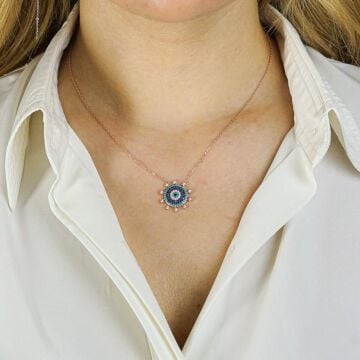 Nazar Boncuğu Tasarımlı 6 Sıra Beyaz Zirkon Taşlı 925 Ayar Gümüş Kadın Kolye