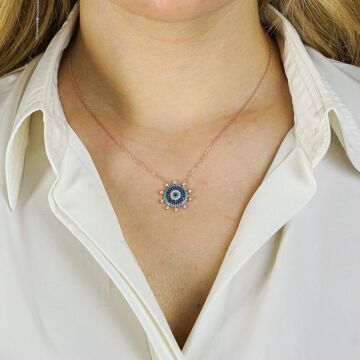 Nazar Boncuğu Tasarımlı 6 Sıra Beyaz Zirkon Taşlı 925 Ayar Gümüş Kadın Kolye