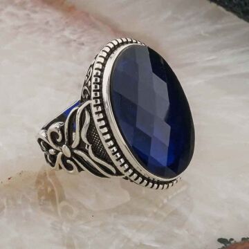 925 Ayar Gümüş Mavi  Oval Zirkon Taşlı Erkek Yüzük