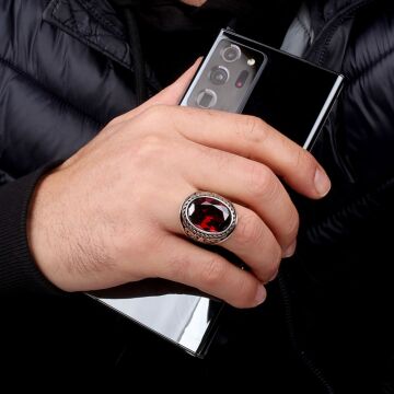 Kırmızı Zirkon Taşlı 925 Ayar Gümüş Erkek Yüzük