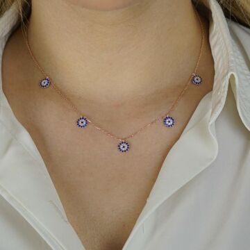 Nazar Boncuğu Tasarımlı 925 Ayar Gümüş Şans Kolyesi Rose