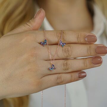 Renkli Kelebek Tasarımlı 925 Ayar Gümüş Kadın Kolye