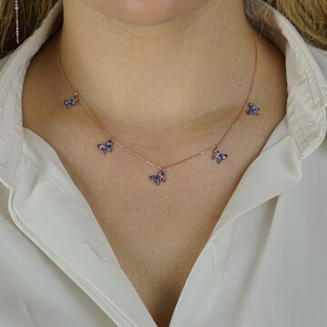 Renkli Kelebek Tasarımlı 925 Ayar Gümüş Kadın Kolye