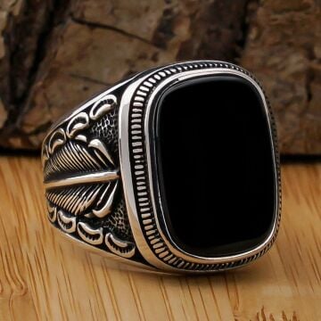 Siyah Oniks Taşlı Desenli 925 Ayar Gümüş Erkek Yüzük