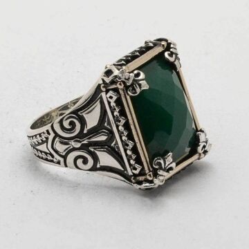 925 Ayar Gümüş Yeşil Zirkon Taşlı  Erkek Yüzük