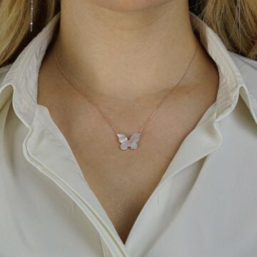 Sedef Taşlı Kelebek Tasarımlı 925 Ayar Gümüş Kadın Kolye Rose