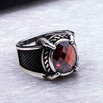 Kartal Pençesi Kırmızı Zirkon Taşlı Gümüş Yüzük