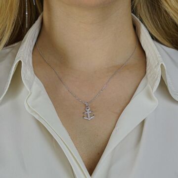 Çapa Tasarımlı Beyaz Zirkon Taşlı 925 Ayar Gümüş Kadın Kolye