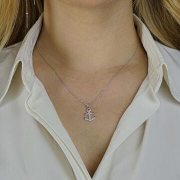 Çapa Tasarımlı Beyaz Zirkon Taşlı 925 Ayar Gümüş Kadın Kolye