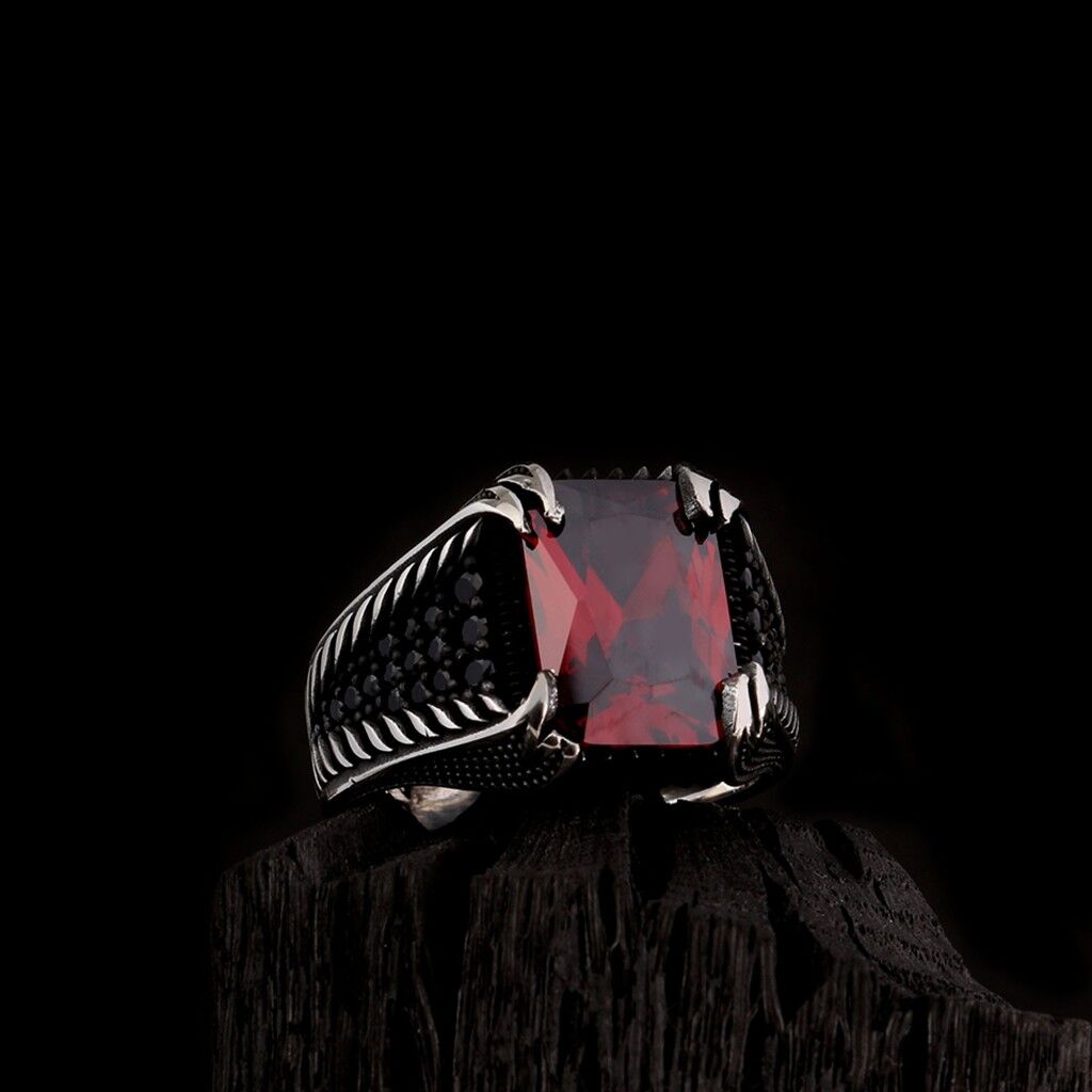 925 Ayar Gümüş Kırmızı Zirkon Taşlı Yanı Mikro Model Erkek Yüzük