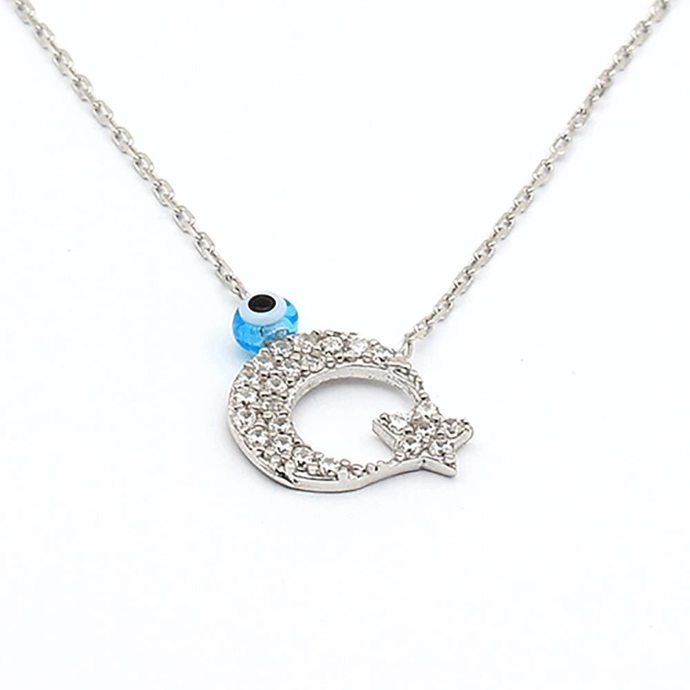 925 Ayar Gümüş Zirkon Taşlı Nazar Boncuklu Ay Yıldız Kolye