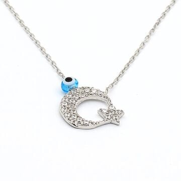 925 Ayar Gümüş Zirkon Taşlı Nazar Boncuklu Ay Yıldız Kolye