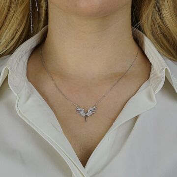 Melek Tasarımlı Beyaz Zirkon Taşlı 925 Ayar Gümüş Kadın Kolye Büyük Boy